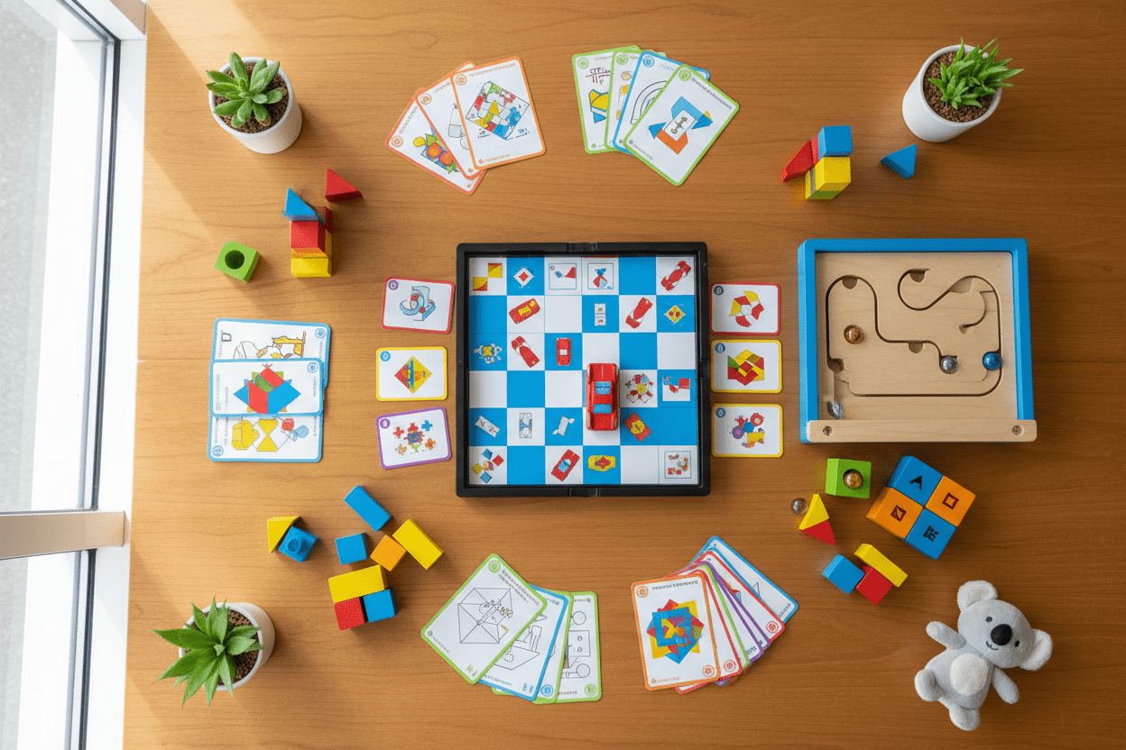 ThinkFun logic games flat-lay including Rush Hour and marble maze on a wooden table