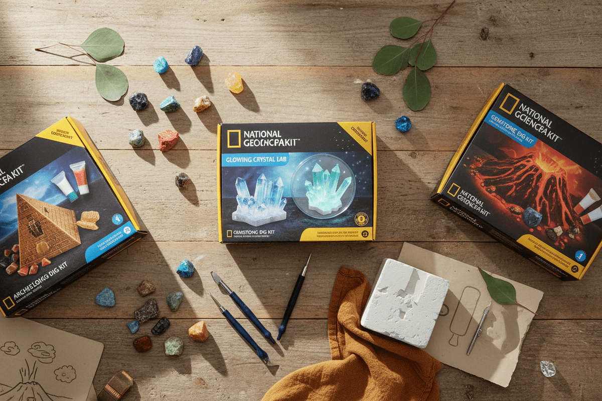 National Geographic science kits for kids Australia — gemstone dig kit, crystal lab and volcano kit