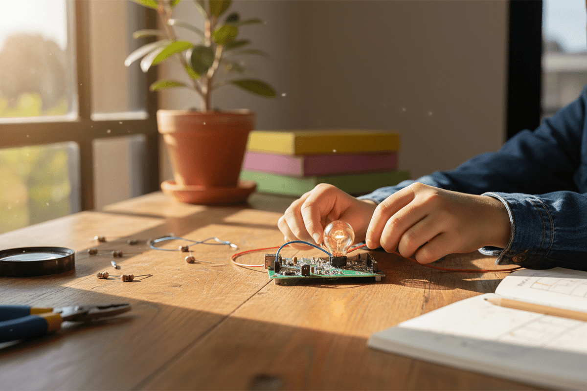 Child's hands connecting wires to a glowing circuit board science experiment