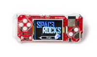 Red handheld game console module with LCD screen reading SPACE ROCKS and control buttons