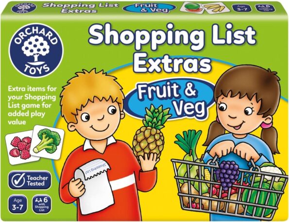 Children's toy packaging for 'Shopping List Extras' with fruit and veg illustrations.