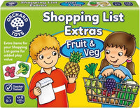 Children's toy packaging for 'Shopping List Extras' with fruit and veg illustrations.