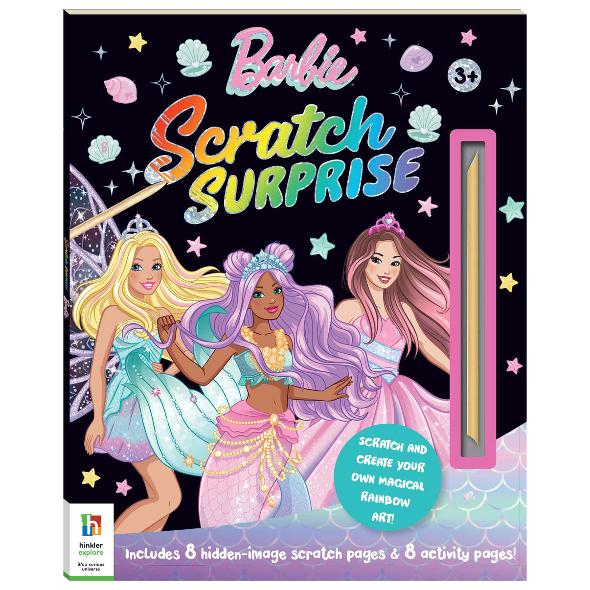 Scratch Surprise Barbie activity book cover with mermaid dolls and pink scratch stick