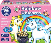 Box of a children's game titled 'Rainbow Unicorns' with colorful graphics.