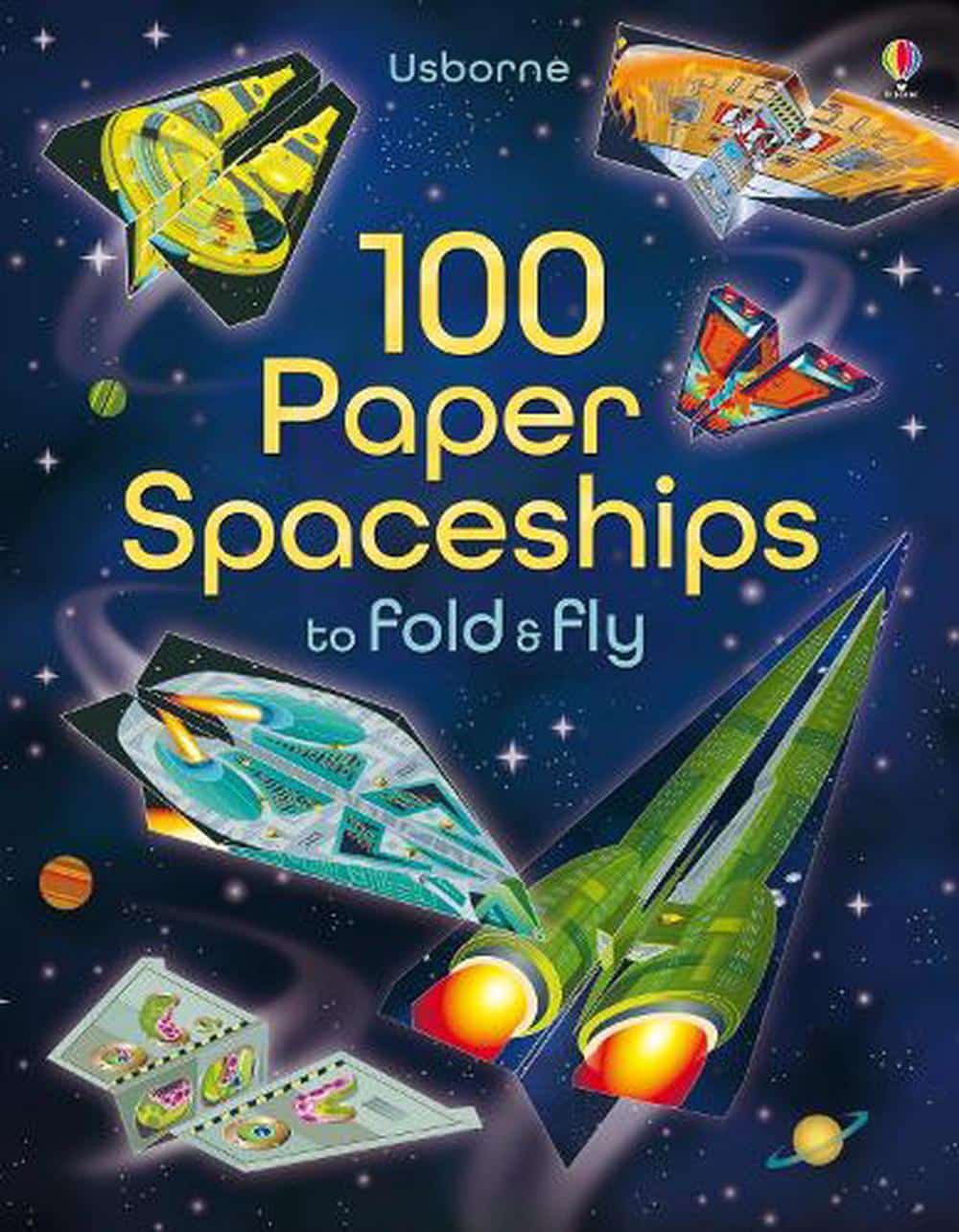 Paper spaceship fold-and-fly activity book cover with colorful rocket models