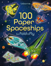 Paper spaceship fold-and-fly activity book cover with colorful rocket models
