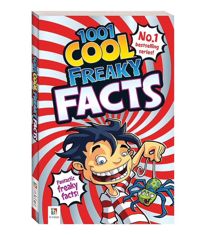 Children's trivia book cover with red and white swirls and cartoon characters