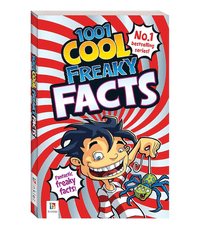 Children's trivia book cover with red and white swirls and cartoon characters