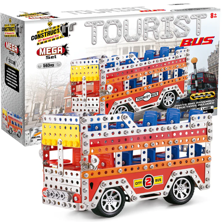 Toy bus set in packaging with 'Construct & Play' branding