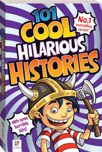 Children's history book cover, cartoon boy with helmet and axe, bold 'Cool Hilarious Histories' title