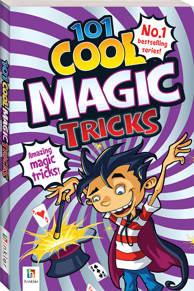 Magic tricks book cover with cartoon magician, purple design, and '101 Cool Magic Tricks' text