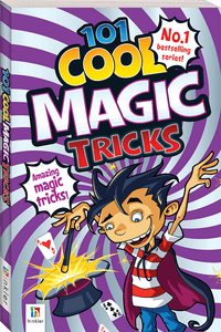 Magic tricks book cover with cartoon magician, purple design, and '101 Cool Magic Tricks' text