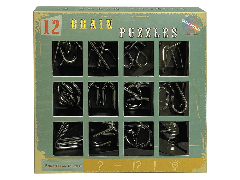 Metal brain puzzle set box showing 12 puzzle designs