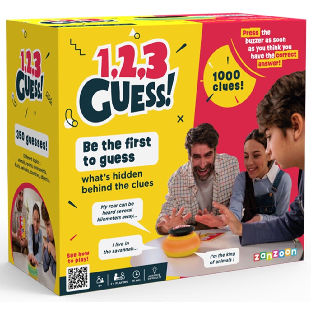 Board game box for 1,2,3 Guess!, yellow/red with logo and player scene
