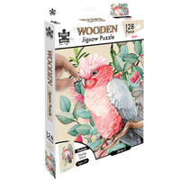 Wooden jigsaw puzzle box showing galah bird artwork, 128 pieces