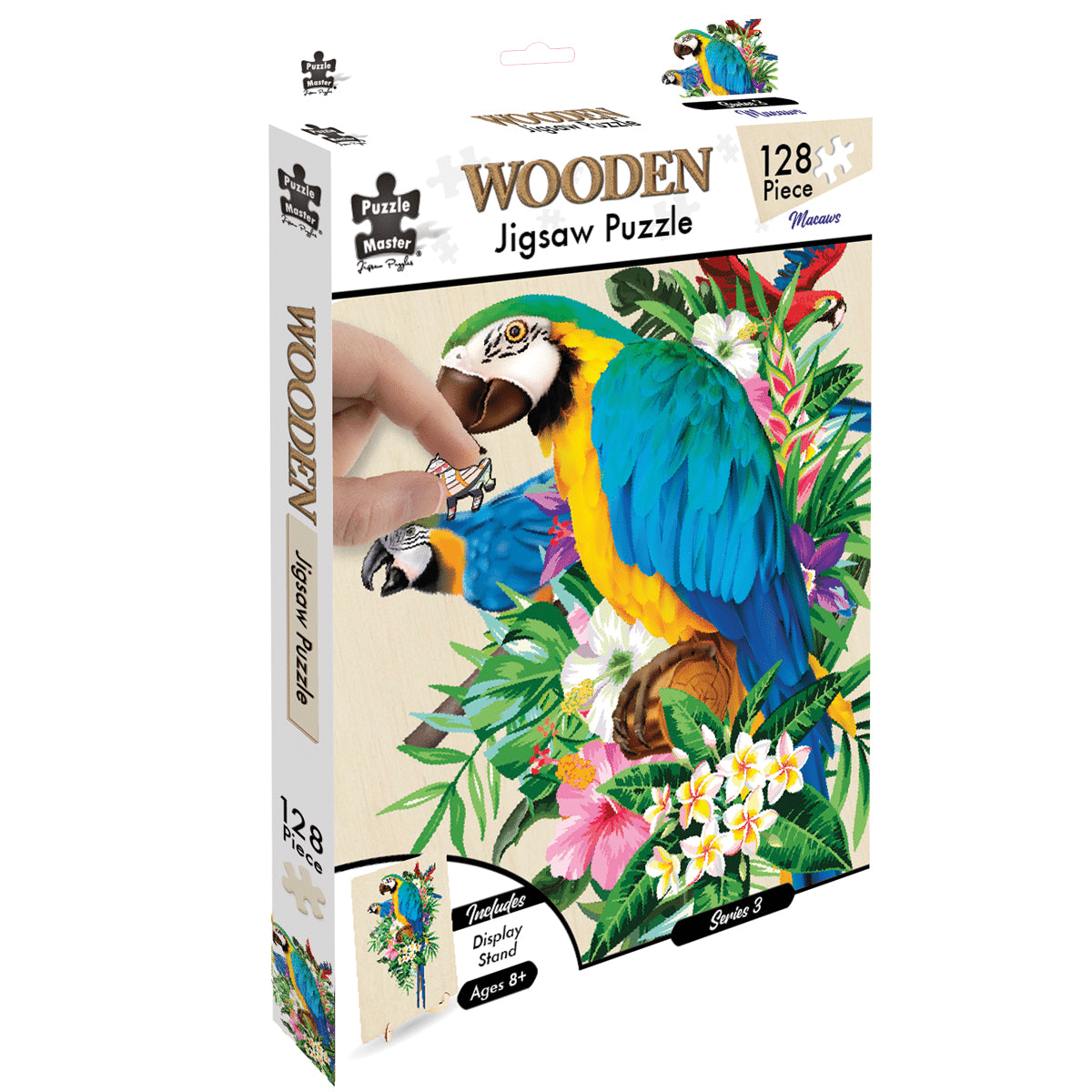 Wooden jigsaw puzzle box with colorful macaw illustration, 128 pieces