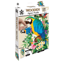 Wooden jigsaw puzzle box with colorful macaw illustration, 128 pieces