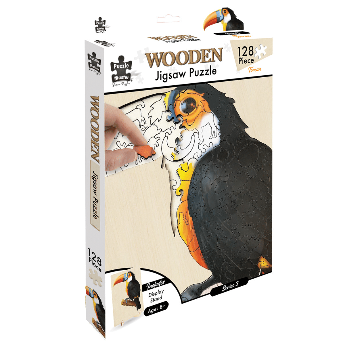 Wooden jigsaw puzzle box showing toucan artwork with 128 pieces