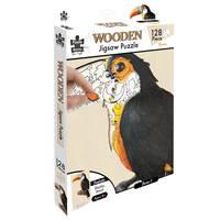 Wooden jigsaw puzzle box showing toucan artwork with 128 pieces