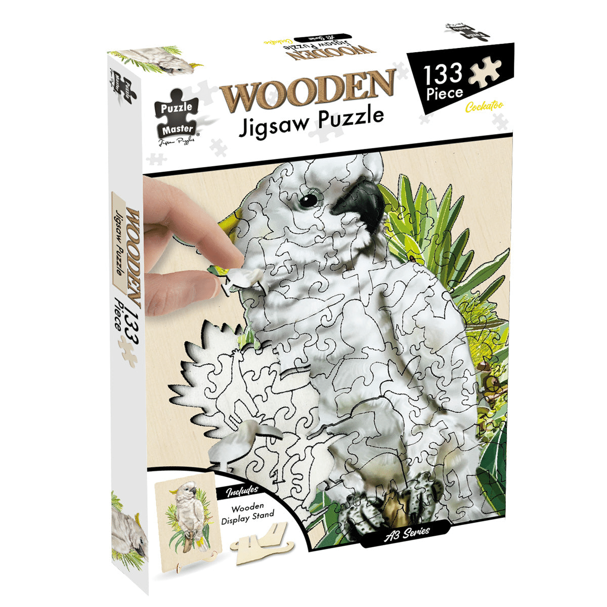 Wooden jigsaw puzzle box with cockatoo artwork, 133-piece design