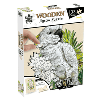 Wooden jigsaw puzzle box with cockatoo artwork, 133-piece design