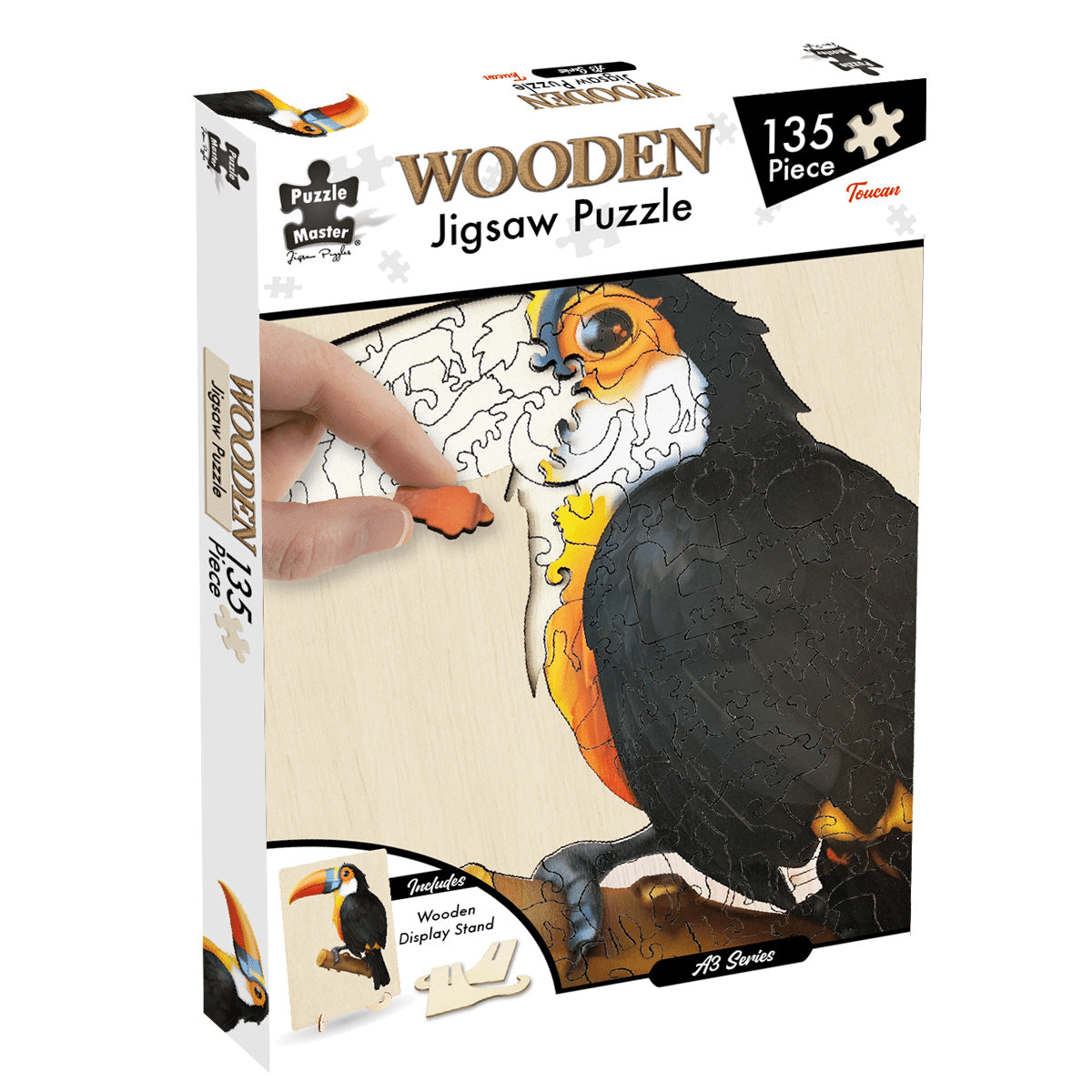 Wooden jigsaw puzzle box with toucan artwork, 135 pieces