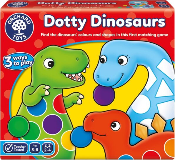 Children's educational game box with colorful dinosaurs on a red background.