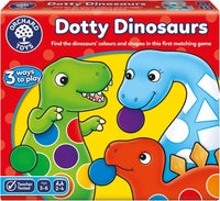 Children's educational game box with colorful dinosaurs on a red background.