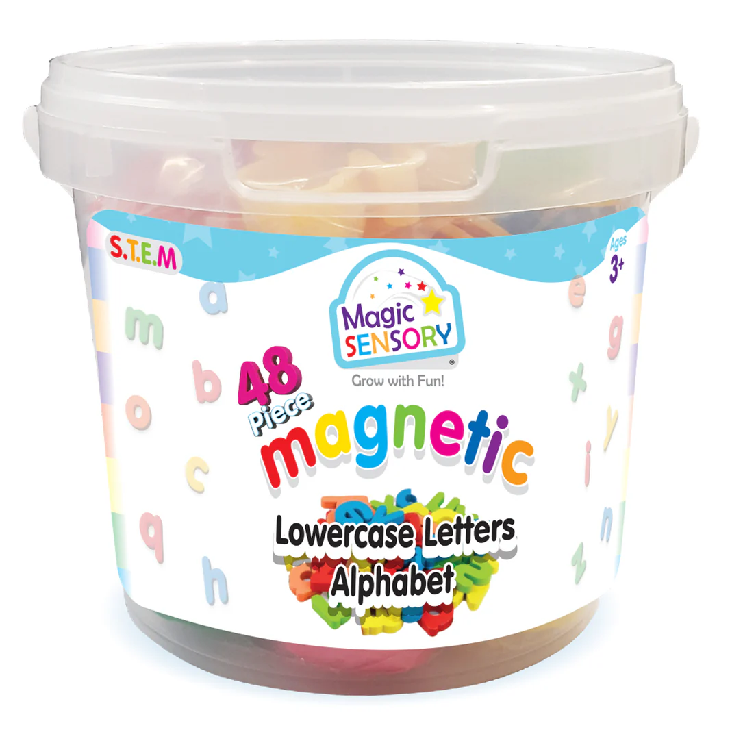 Container of Magic Sensory magnetic lowercase letters alphabet on a white background