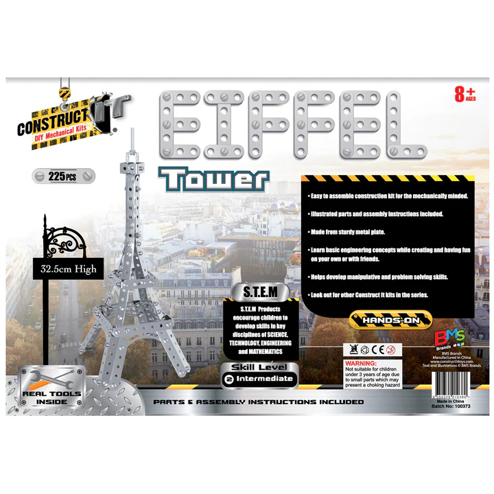 Eiffel Tower building kit packaging with text and images of the tower.