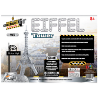 Eiffel Tower building kit packaging with text and images of the tower.