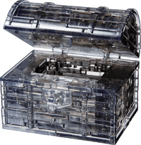 Crystal puzzle treasure chest, clear black case with open lid and puzzle interior