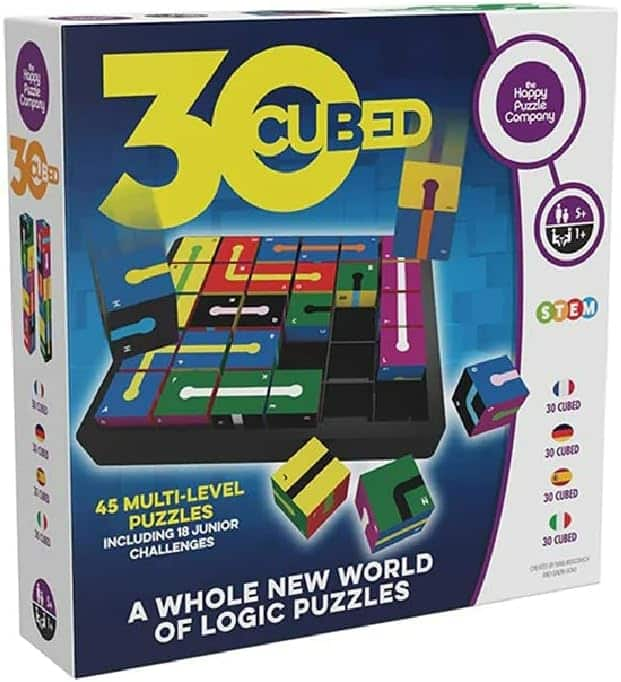 Front of logic puzzle game box showing colorful board and cube pieces