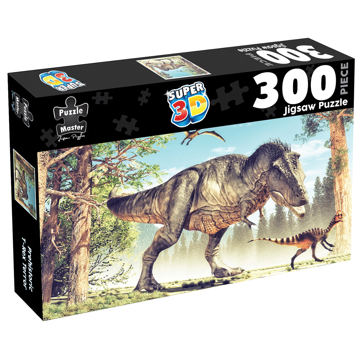 300-piece 3D lenticular jigsaw puzzle box with prehistoric T-Rex artwork