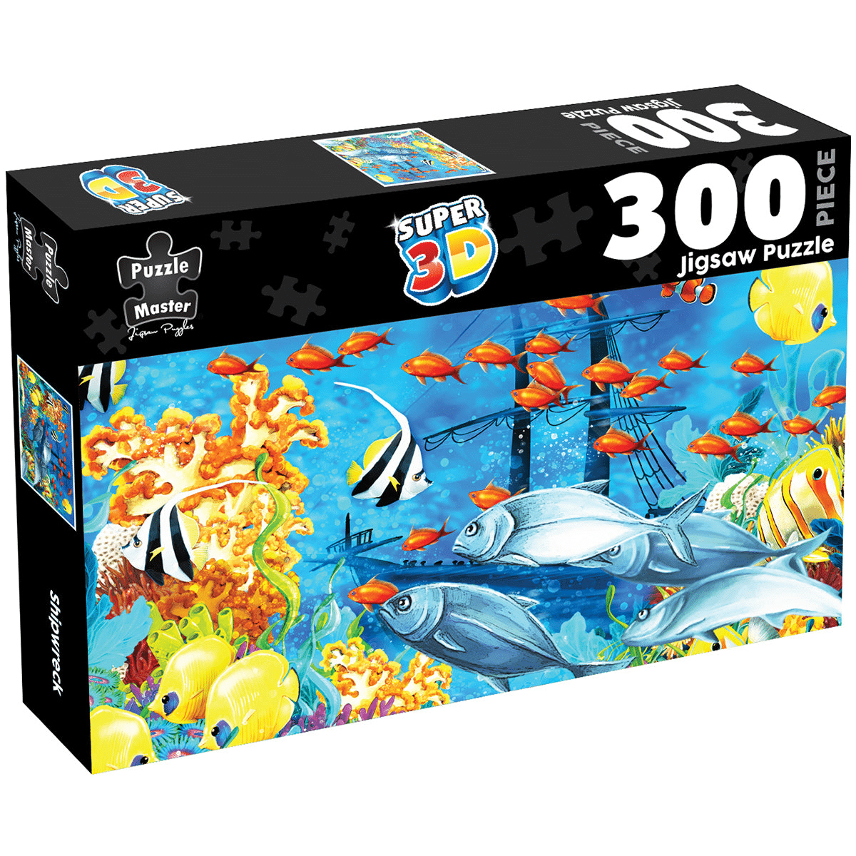300-piece 3D lenticular shipwreck jigsaw puzzle box with colorful ocean scene