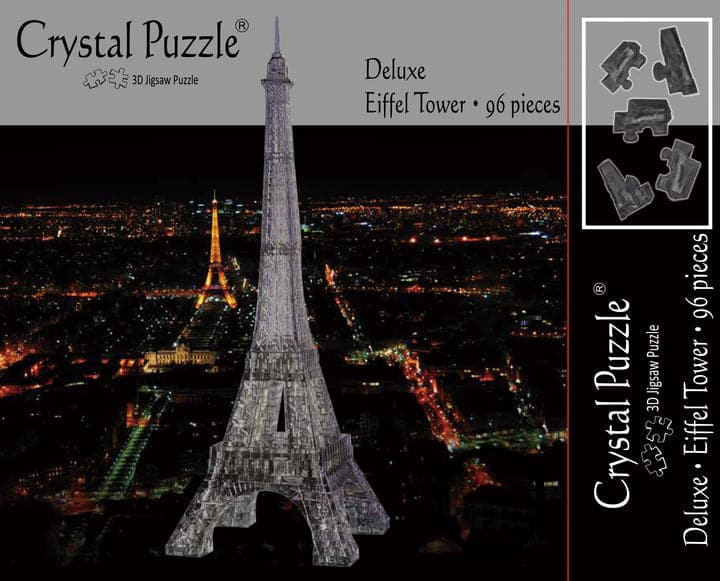 Eiffel Tower crystal puzzle model, faceted clear-gray tower with base stand