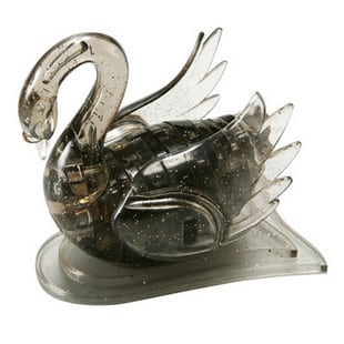 3D crystal swan puzzle sculpture on clear base, dark metallic finish