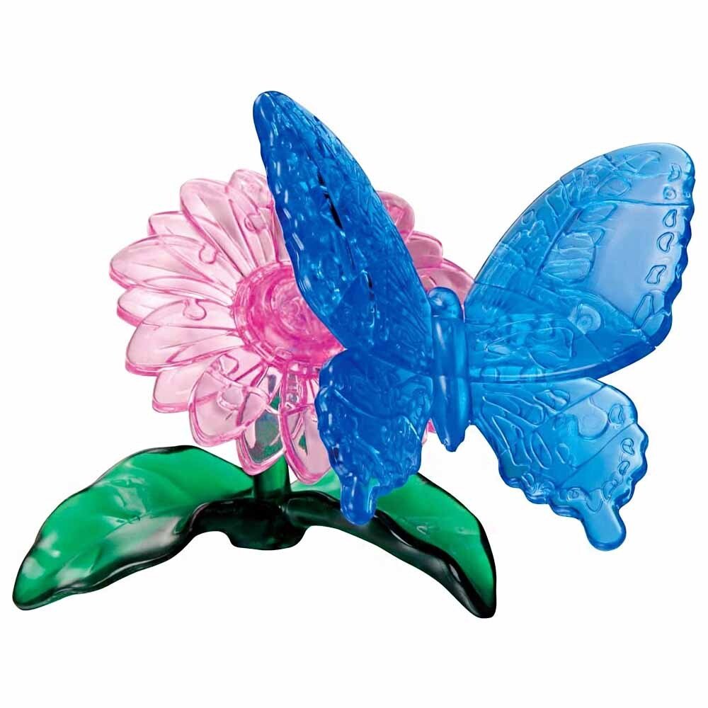 3D butterfly crystal puzzle with blue wings, pink flower, and green base leaves