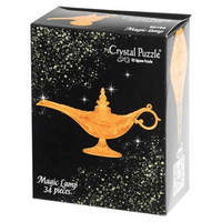 Crystal jigsaw puzzle magic lamp box with golden genie artwork and 34 pieces text