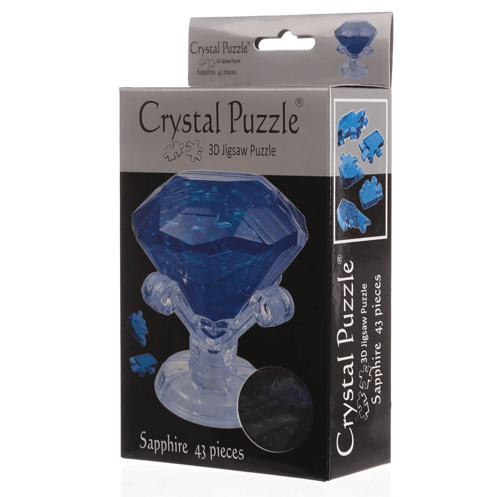 Sapphire 3D crystal jigsaw puzzle box, blue diamond-shaped puzzle pieces