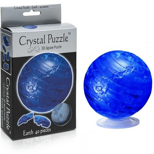 Blue 3D crystal earth puzzle sphere, shown in retail box