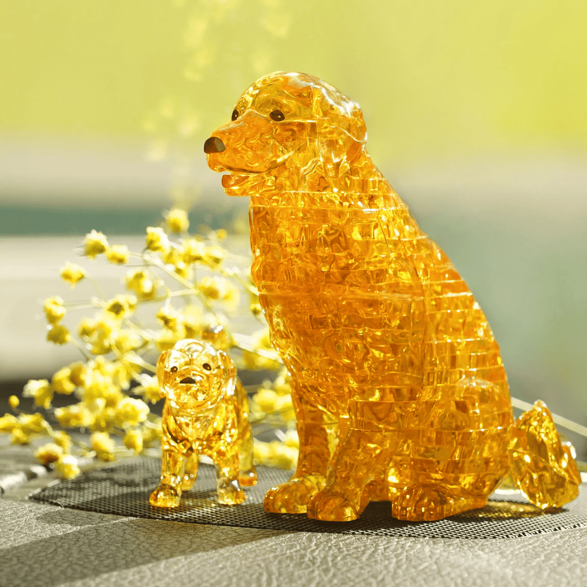 3D crystal puzzle: golden retriever and puppy figurines in golden crystal