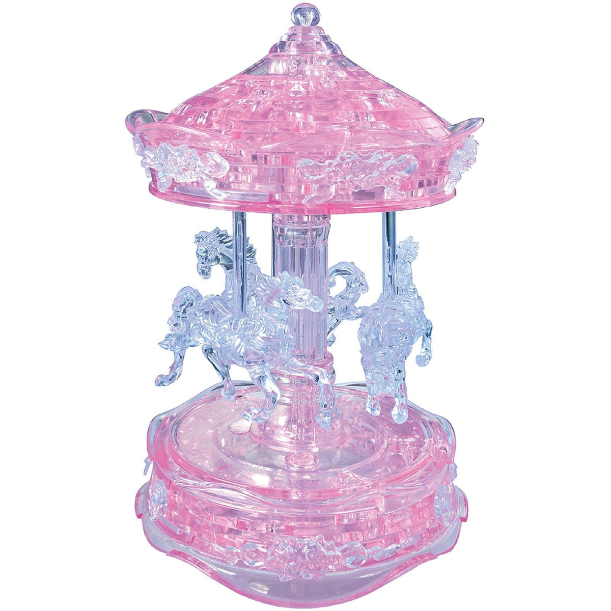 Pink translucent crystal carousel 3D puzzle with horse figures and spiral base