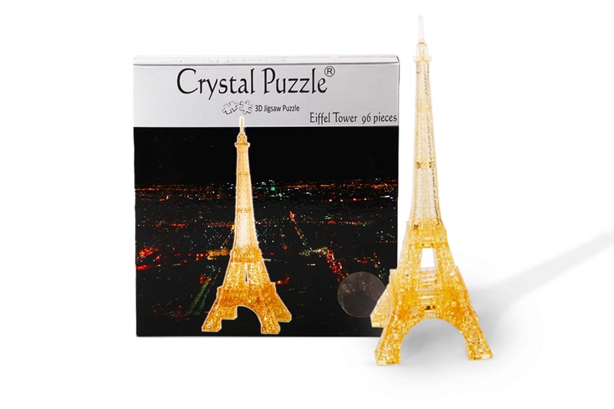 Eiffel Tower crystal puzzle kit with golden 3D model and box
