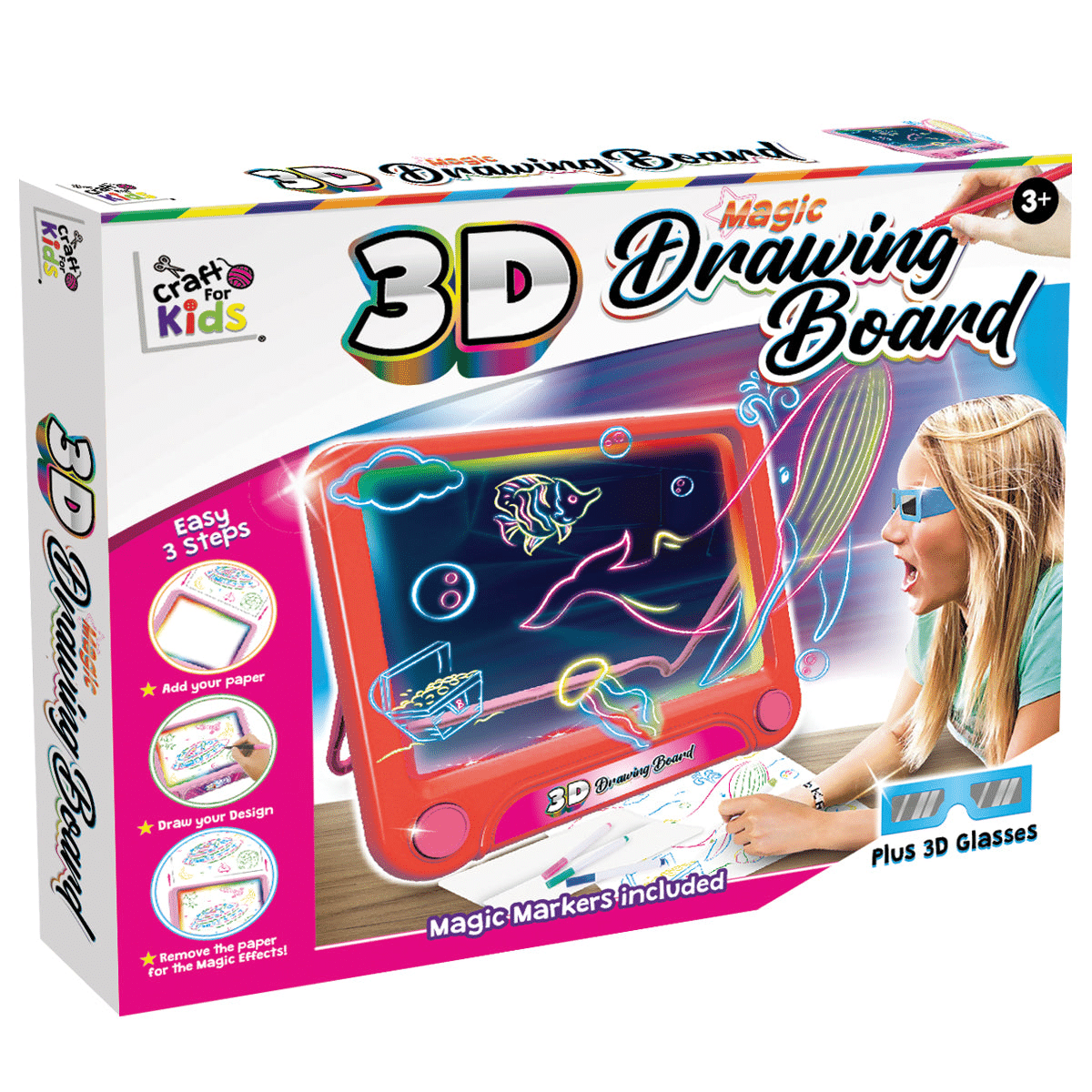 3D drawing board kit box with Magic Drawing Board graphics and markers, ages 3+.