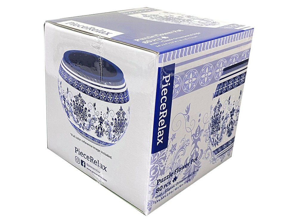 Pintoo flowerpot classic ornament 3D puzzle box, blue-and-white patterned design