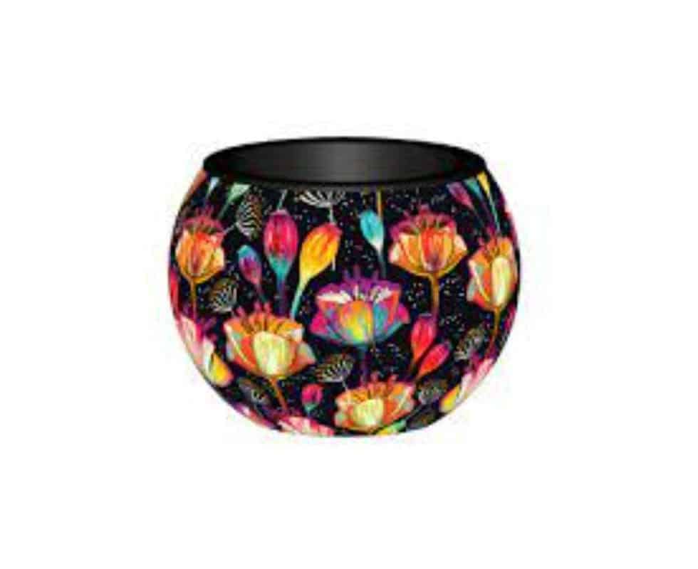 Colorful poppy flowerpot with black rim and multicolor flower pattern