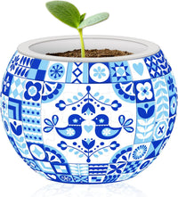 Blue-and-white patterned flowerpot with small green sprout in soil