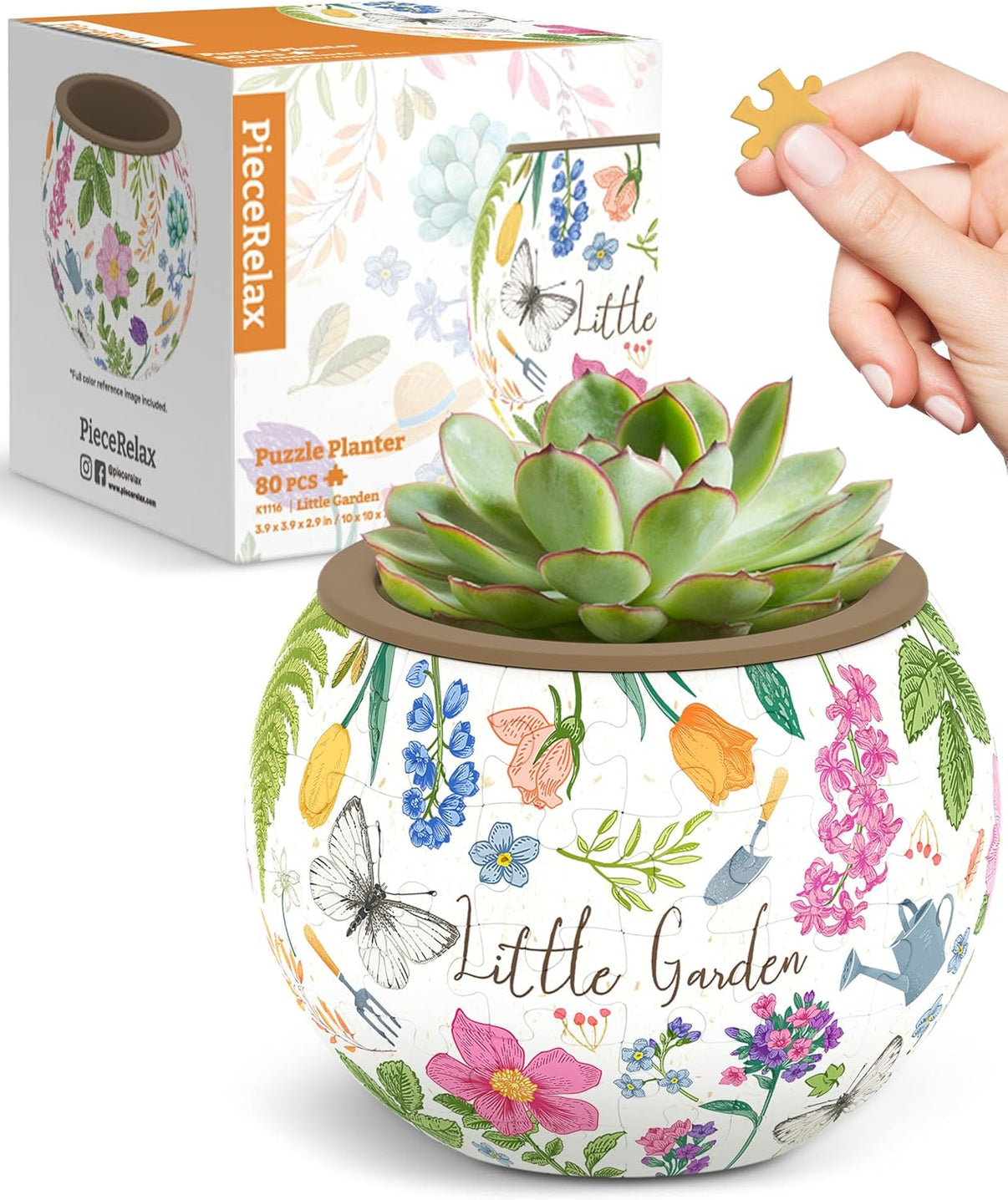 Floral ceramic-style puzzle plant pot with succulent plant