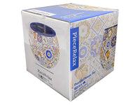 Retro tile 3D flower pot with blue rim and blue, yellow, and white mosaic pattern